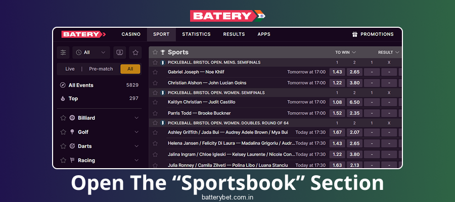 Select a sports category on Batery Bet India