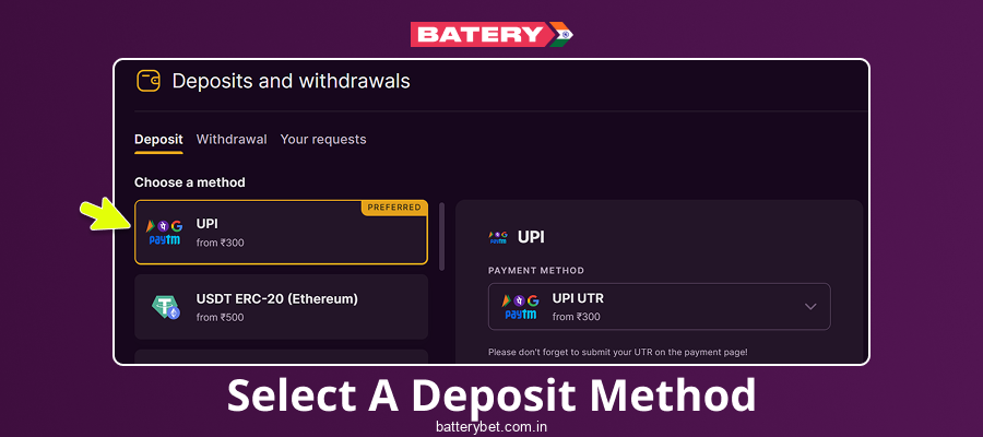 Select Batery Bet India Deposit Method